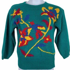 Vintage Size Medium Sweater Bold Colorful Floral Teal Marigold Red SB Sport FLAW